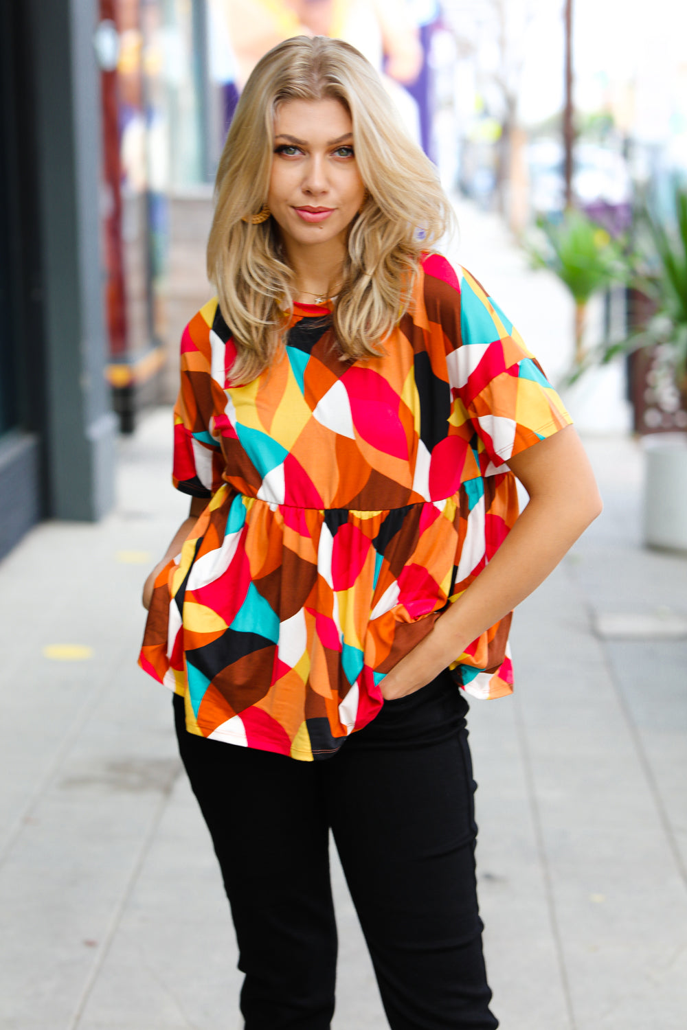 Fever Pitch Geo Print Babydoll Top