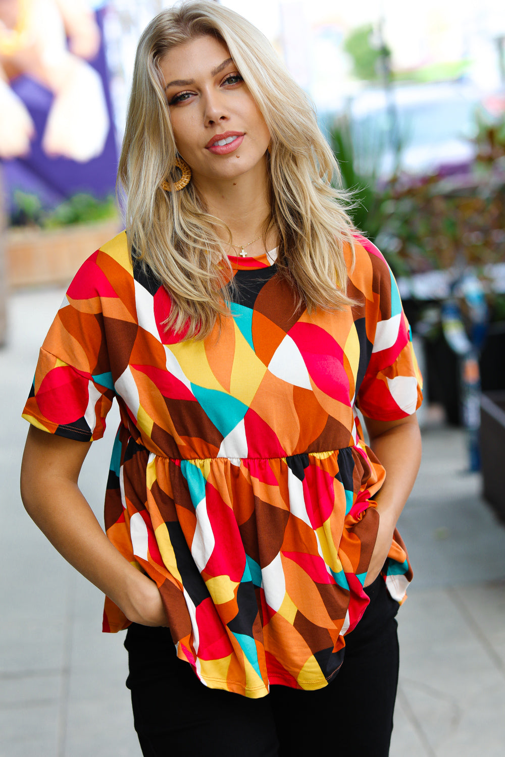 Fever Pitch Geo Print Babydoll Top