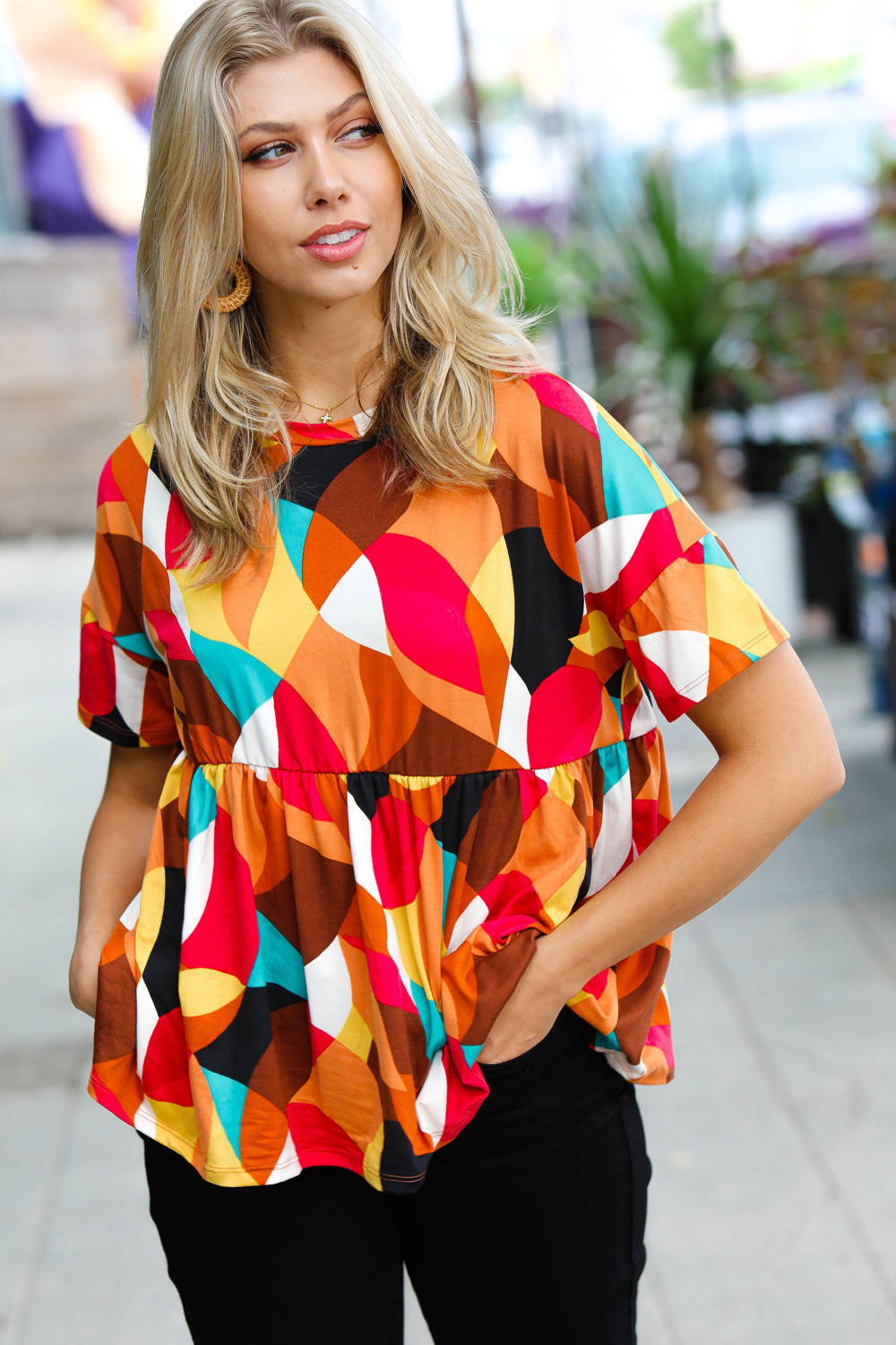 Fever Pitch Geo Print Babydoll Top