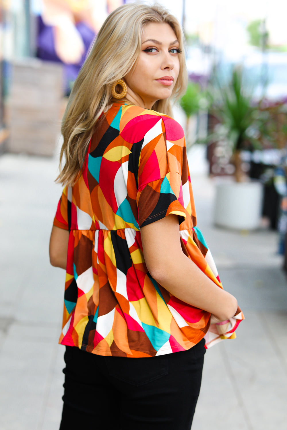 Fever Pitch Geo Print Babydoll Top