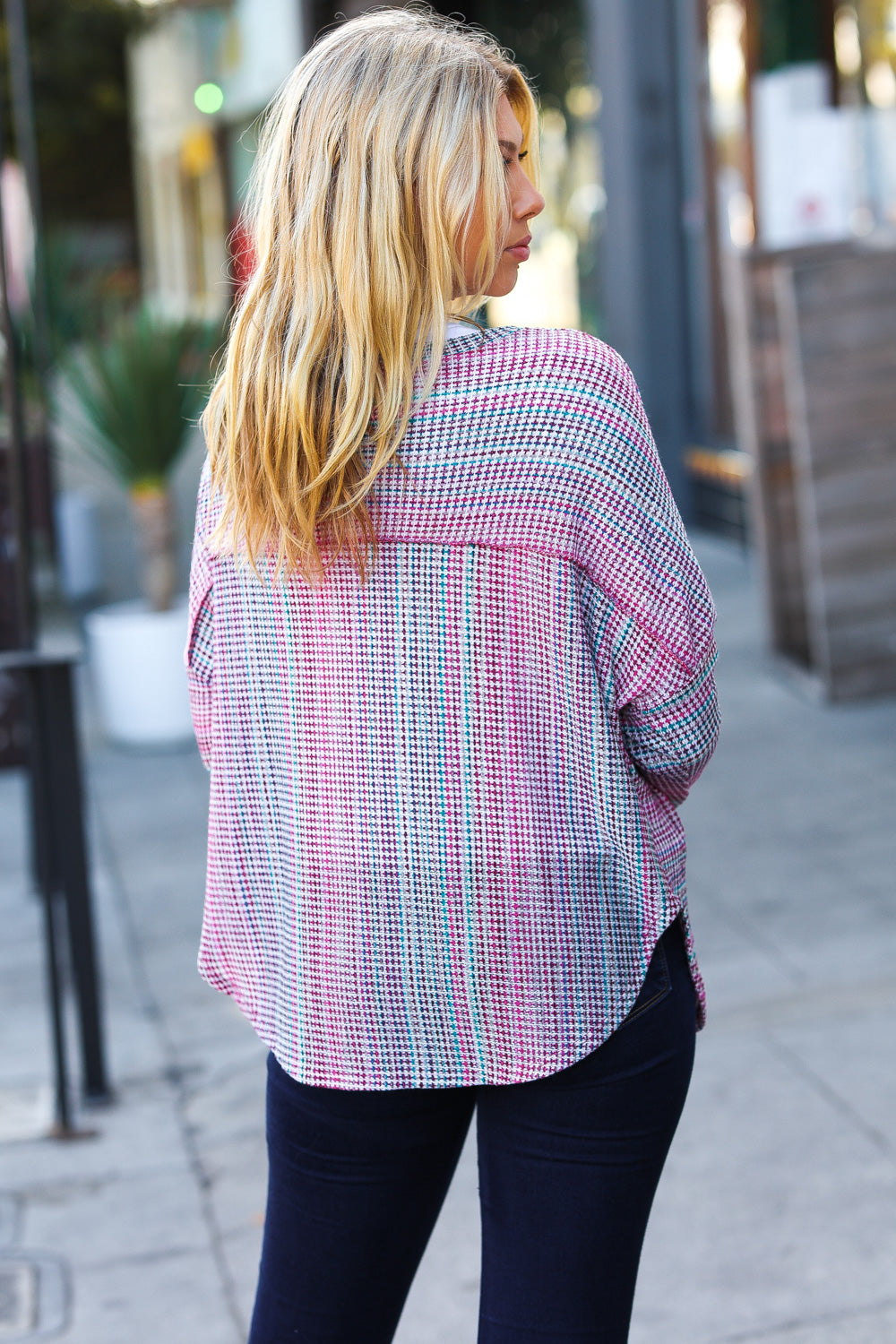 On The Run Magenta Multicolor Textured Knit Top