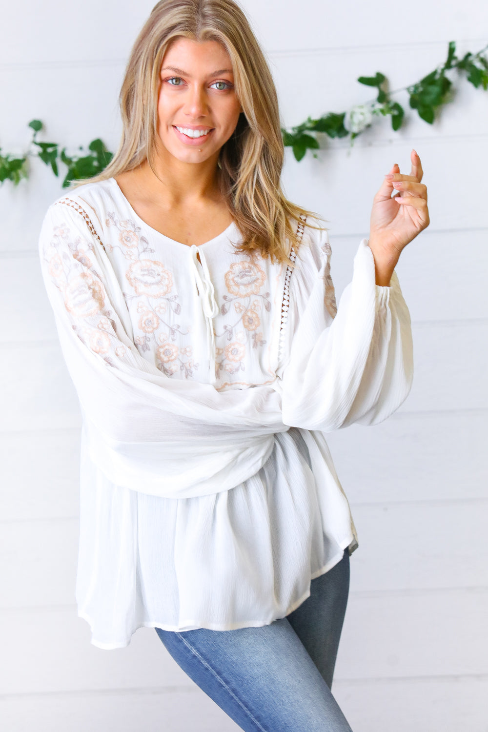 Desi Embroidered Peasant Top • White
