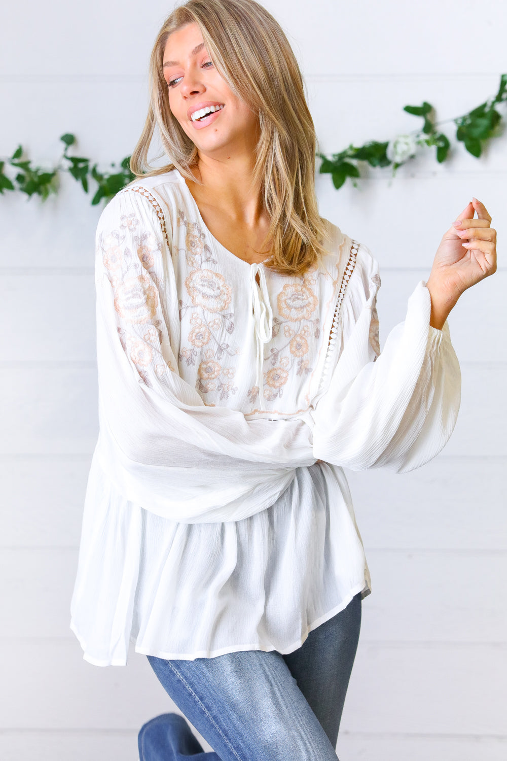 Desi Embroidered Peasant Top • White