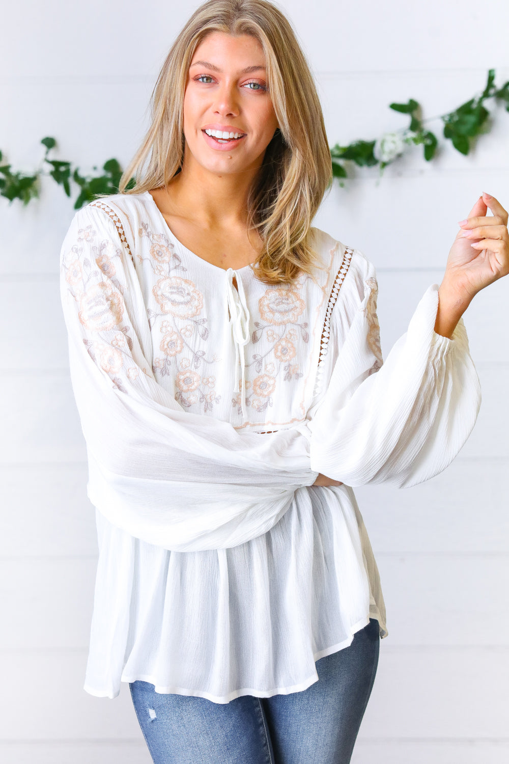 Desi Embroidered Peasant Top • White
