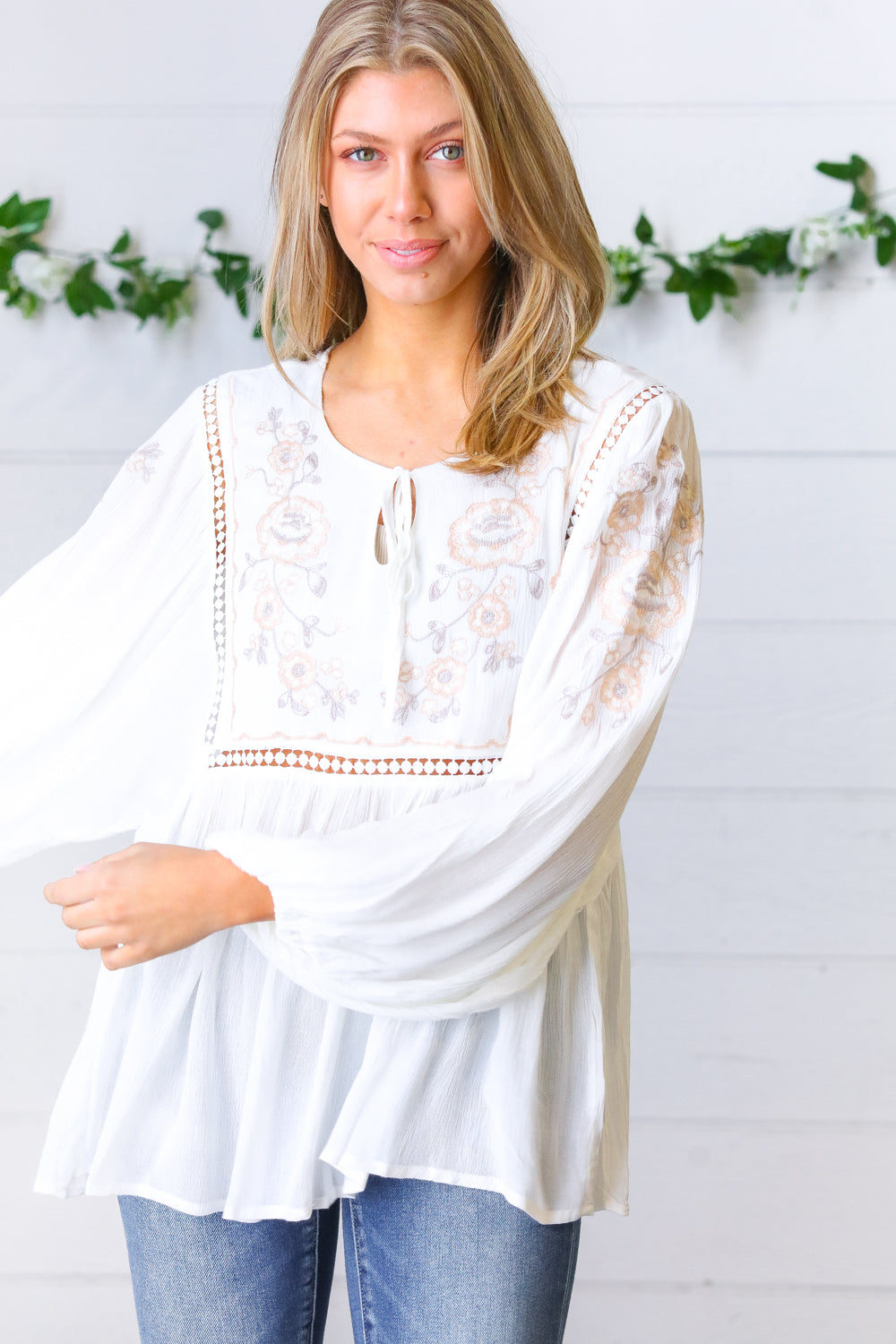 Desi Embroidered Peasant Top • White