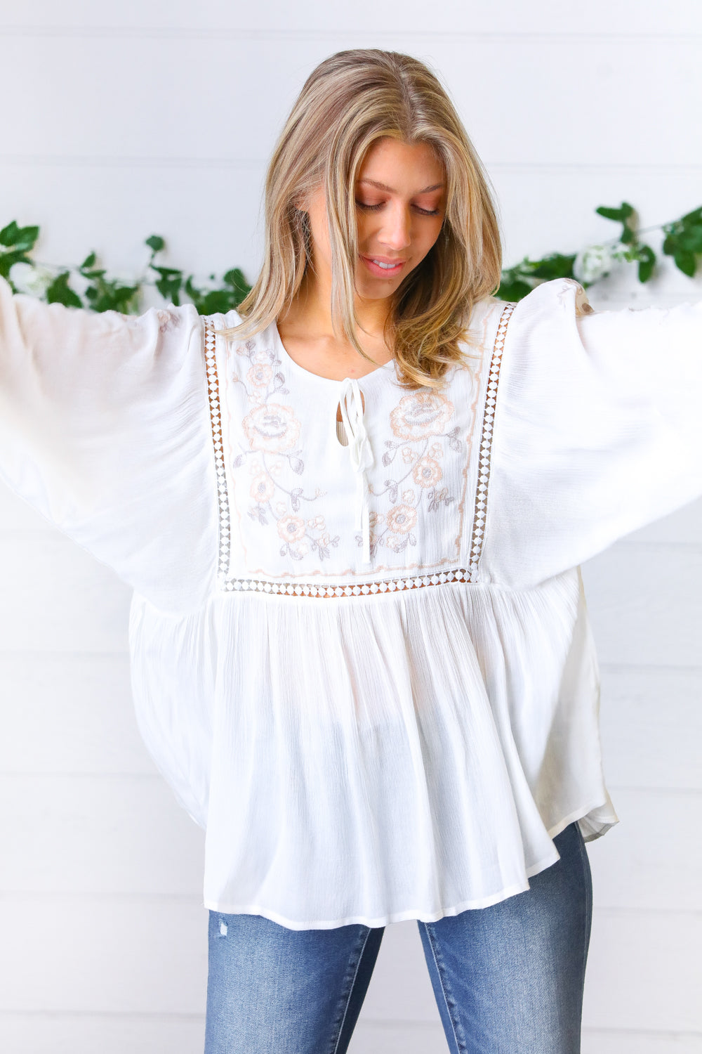 Desi Embroidered Peasant Top • White