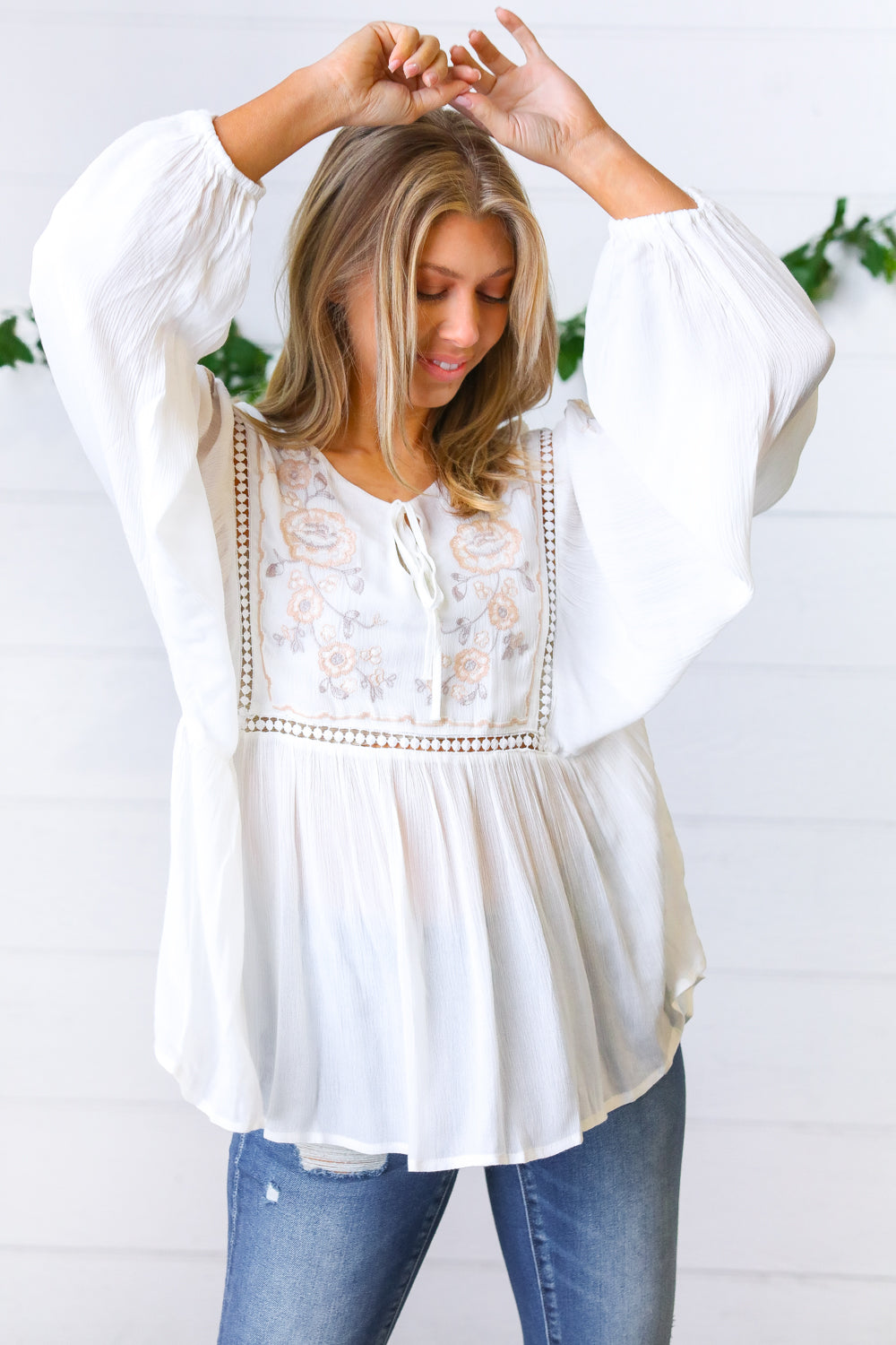 Desi Embroidered Peasant Top • White