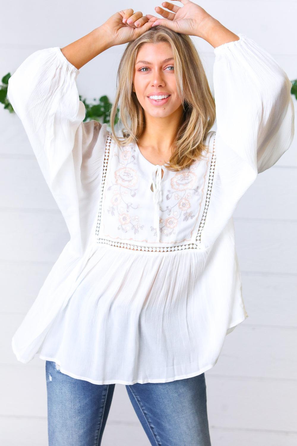Desi Embroidered Peasant Top • White