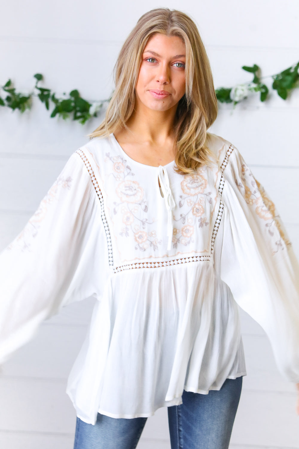 Desi Embroidered Peasant Top • White