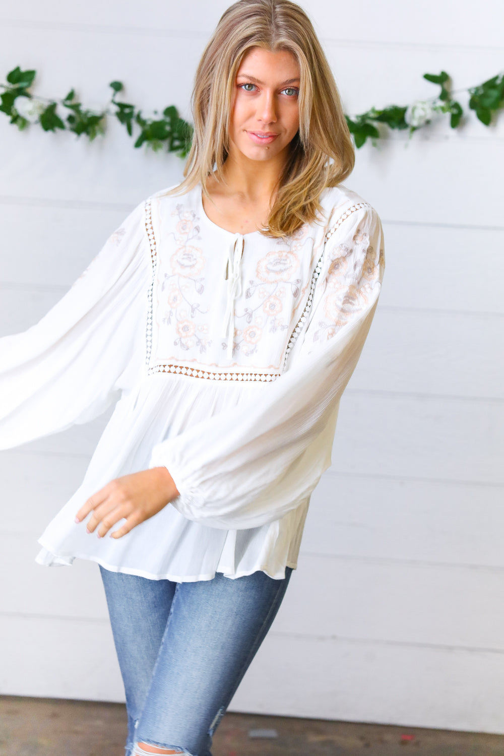 Desi Embroidered Peasant Top • White