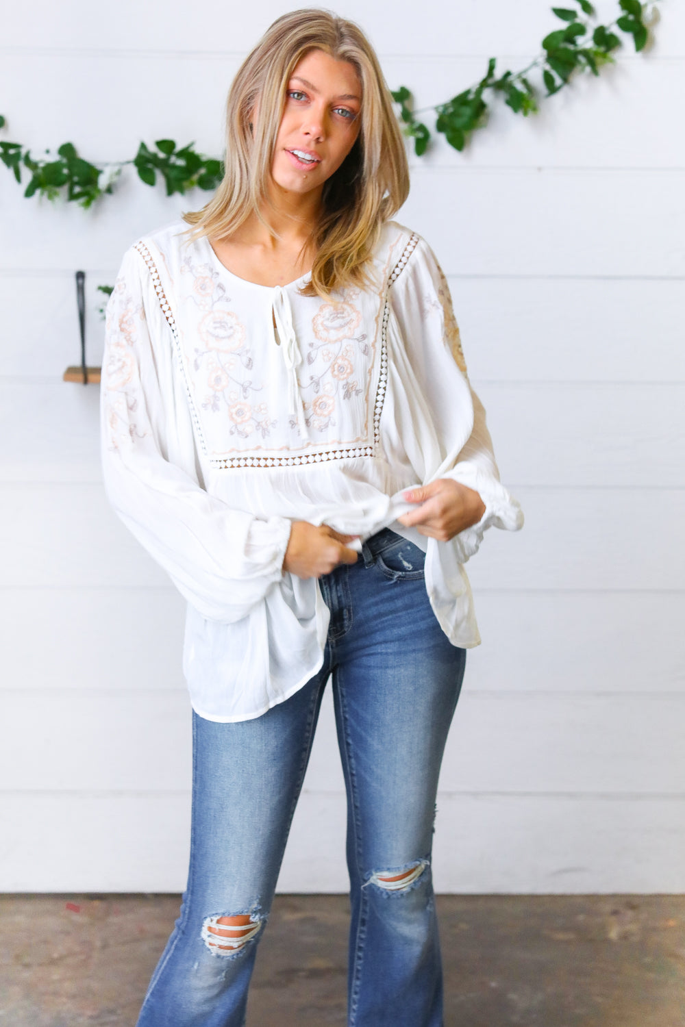 Desi Embroidered Peasant Top • White