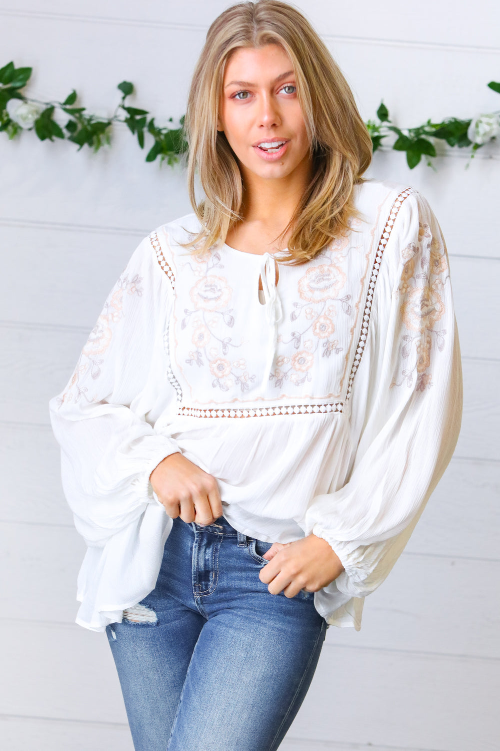 Desi Embroidered Peasant Top • White