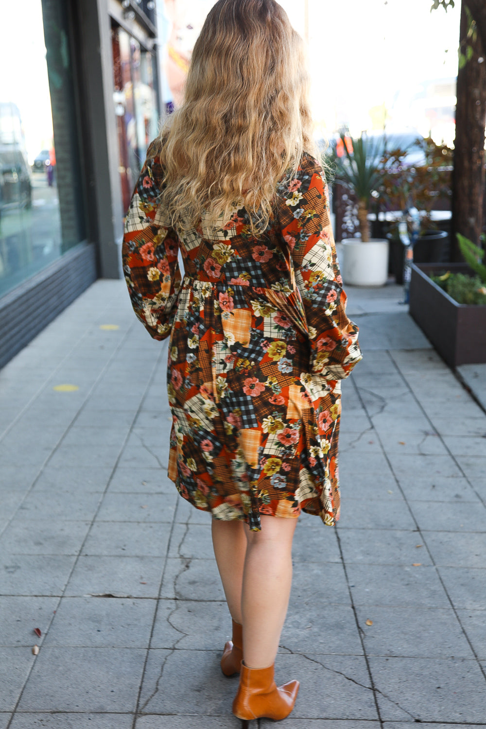 Hello Beautiful Plaid & Floral Patchwork Square Neck Dress