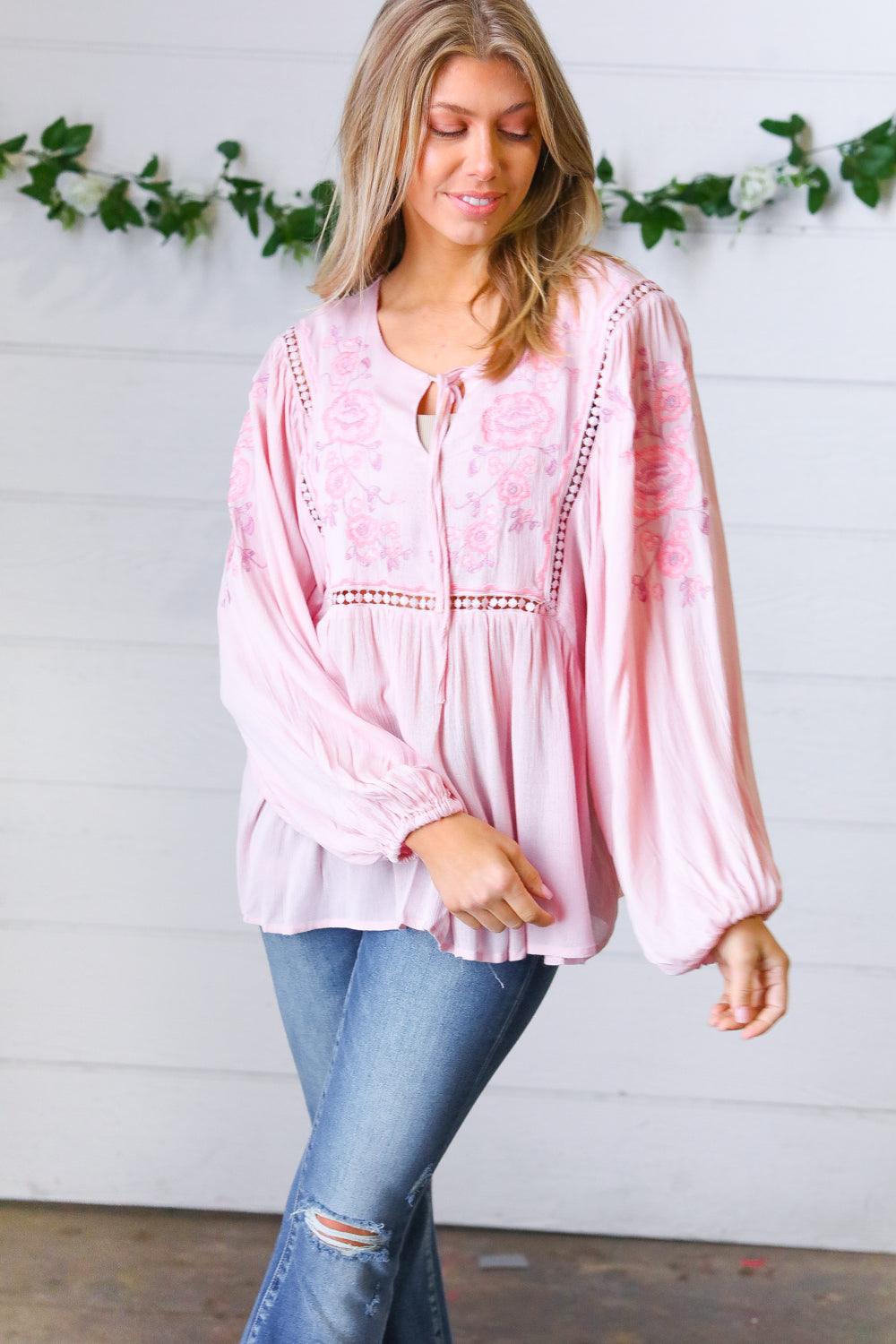 Desi Embroidered Peasant Top • Blush - Atomic Wildflower