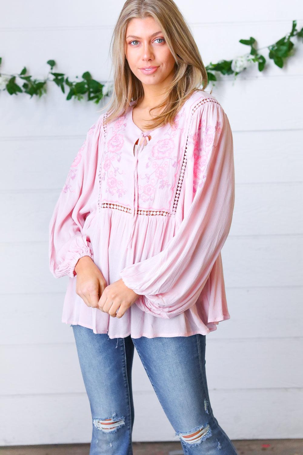 Desi Embroidered Peasant Top • Blush - Atomic Wildflower