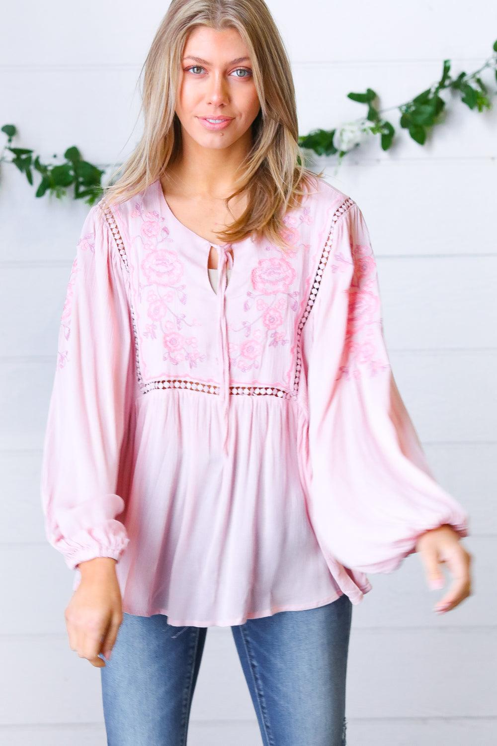 Desi Embroidered Peasant Top • Blush - Atomic Wildflower