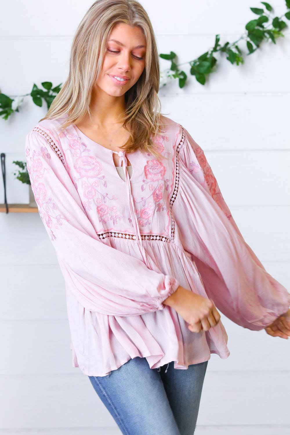 Desi Embroidered Peasant Top • Blush - Atomic Wildflower