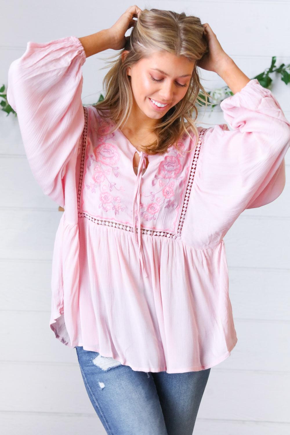 Desi Embroidered Peasant Top • Blush - Atomic Wildflower