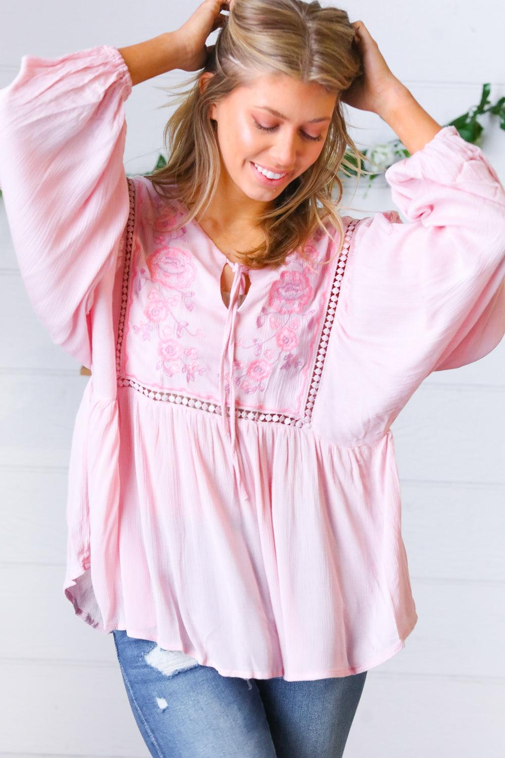 Desi Embroidered Peasant Top • Blush - Atomic Wildflower