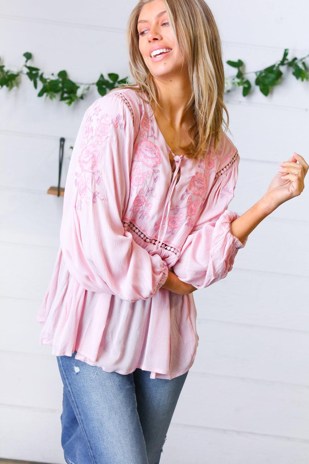 Desi Embroidered Peasant Top • Blush - Atomic Wildflower