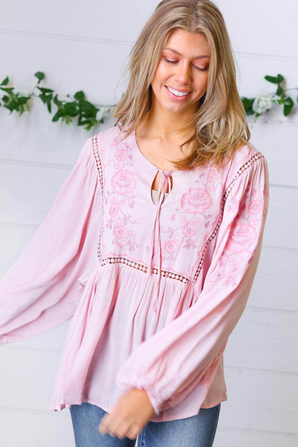 Desi Embroidered Peasant Top • Blush - Atomic Wildflower