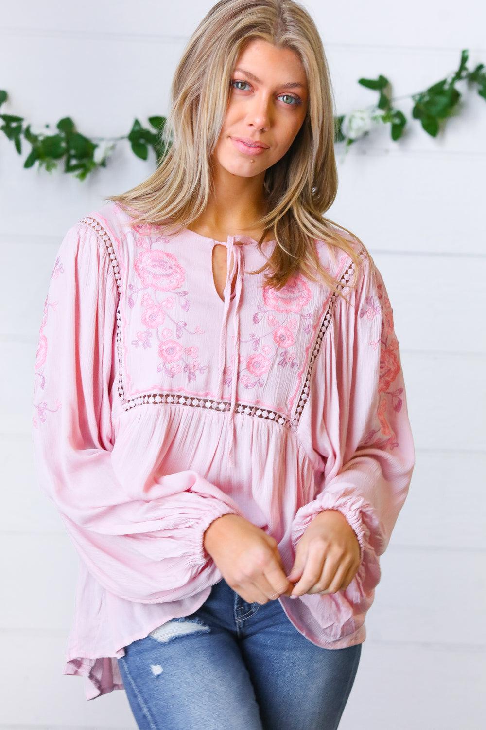 Desi Embroidered Peasant Top • Blush - Atomic Wildflower