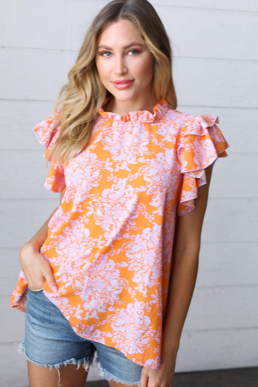 So Sweet Mock Neck Flutter Sleeve Top - Atomic Wildflower