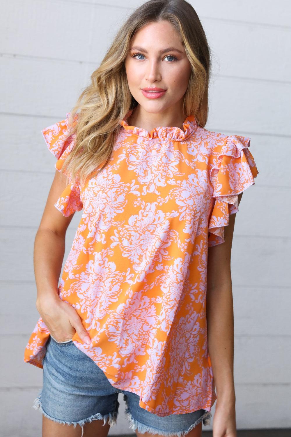So Sweet Mock Neck Flutter Sleeve Top - Atomic Wildflower
