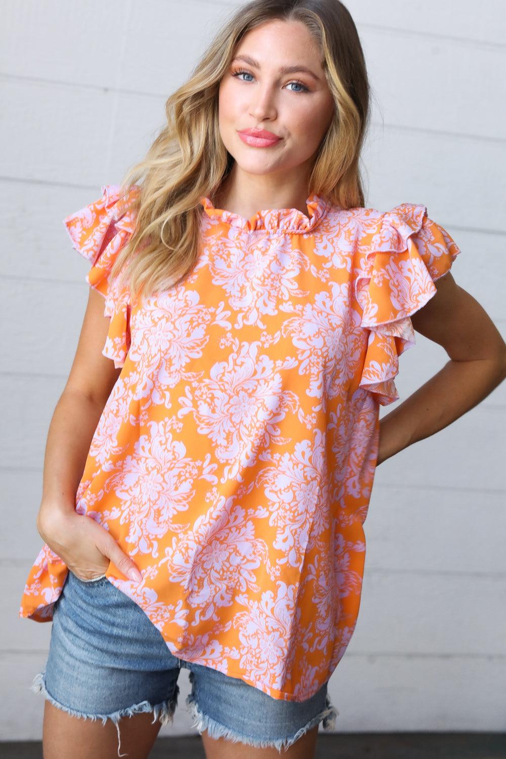So Sweet Mock Neck Flutter Sleeve Top - Atomic Wildflower