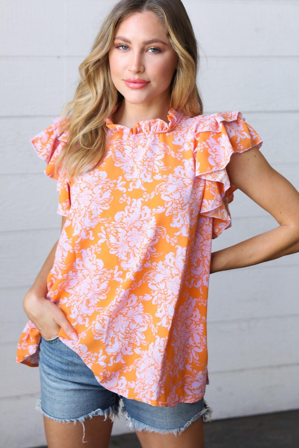 So Sweet Mock Neck Flutter Sleeve Top - Atomic Wildflower