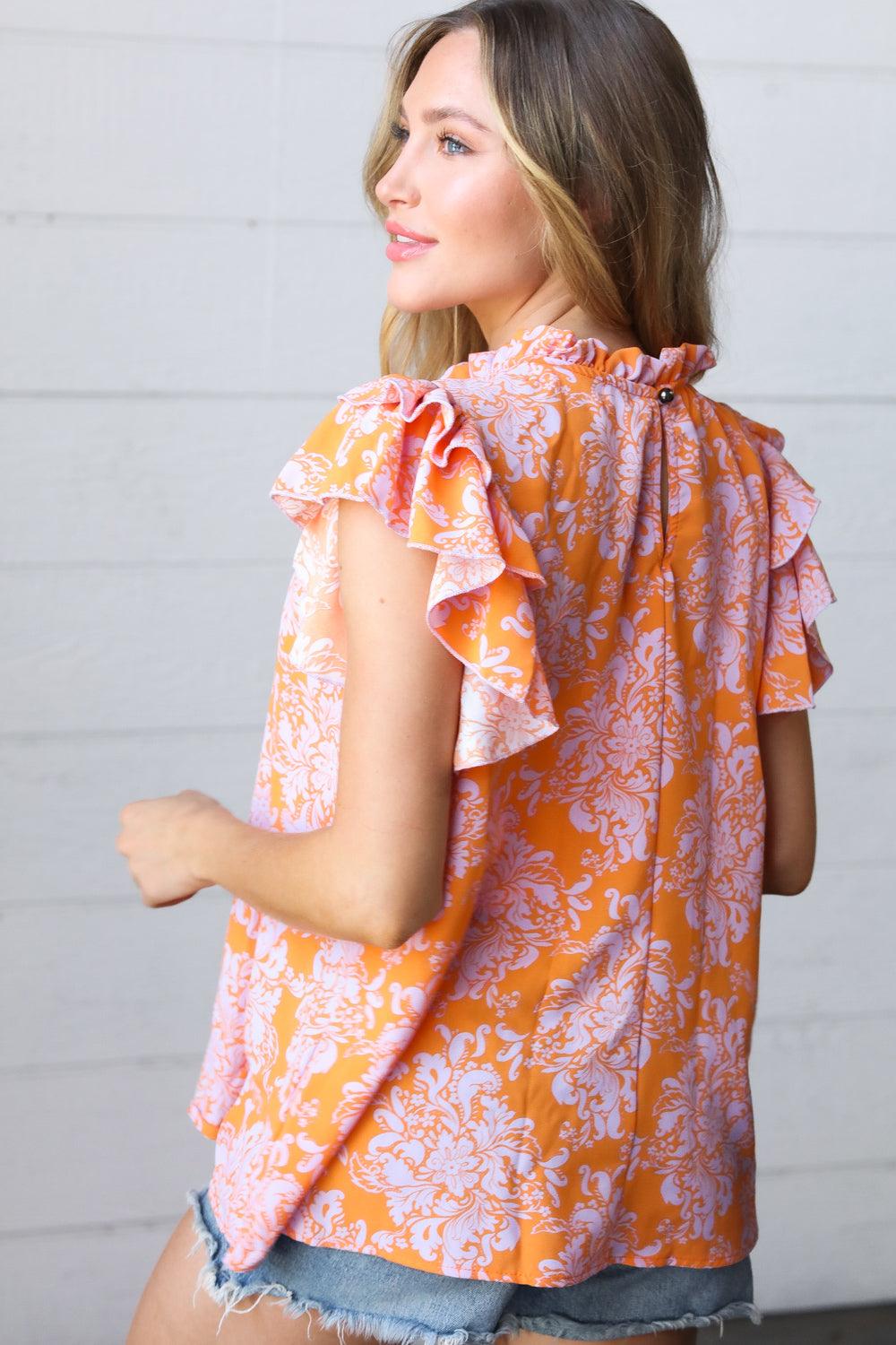 So Sweet Mock Neck Flutter Sleeve Top - Atomic Wildflower