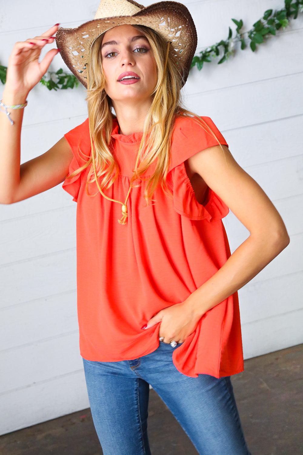 Morning Sun Mock Neck Flutter Sleeve Top - Atomic Wildflower