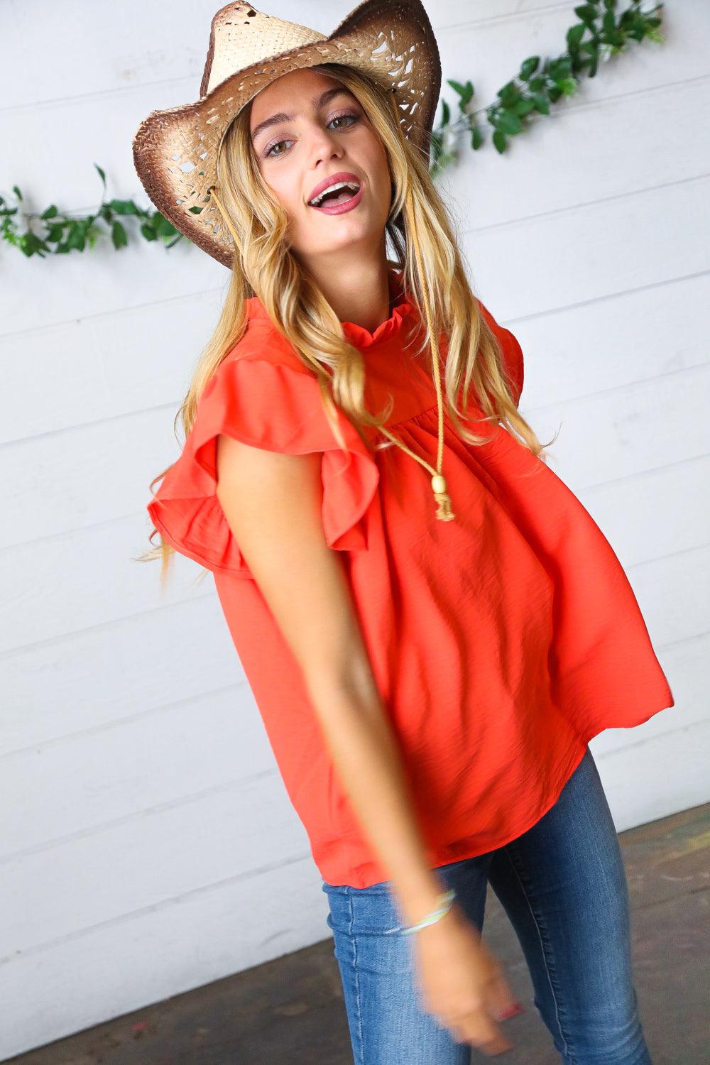 Morning Sun Mock Neck Flutter Sleeve Top - Atomic Wildflower