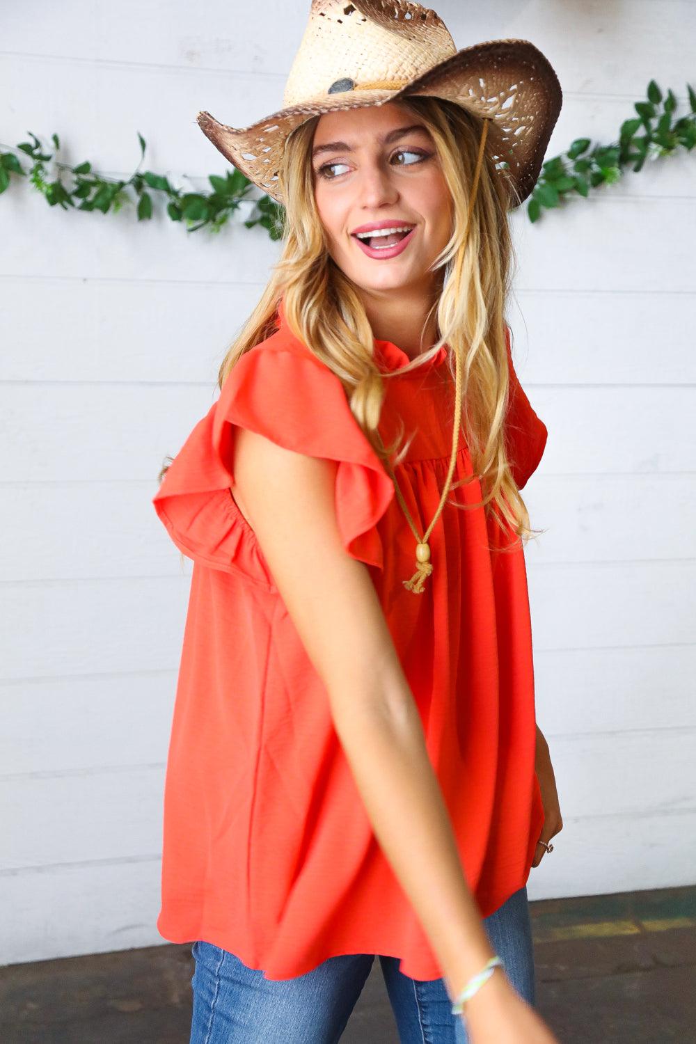 Morning Sun Mock Neck Flutter Sleeve Top - Atomic Wildflower