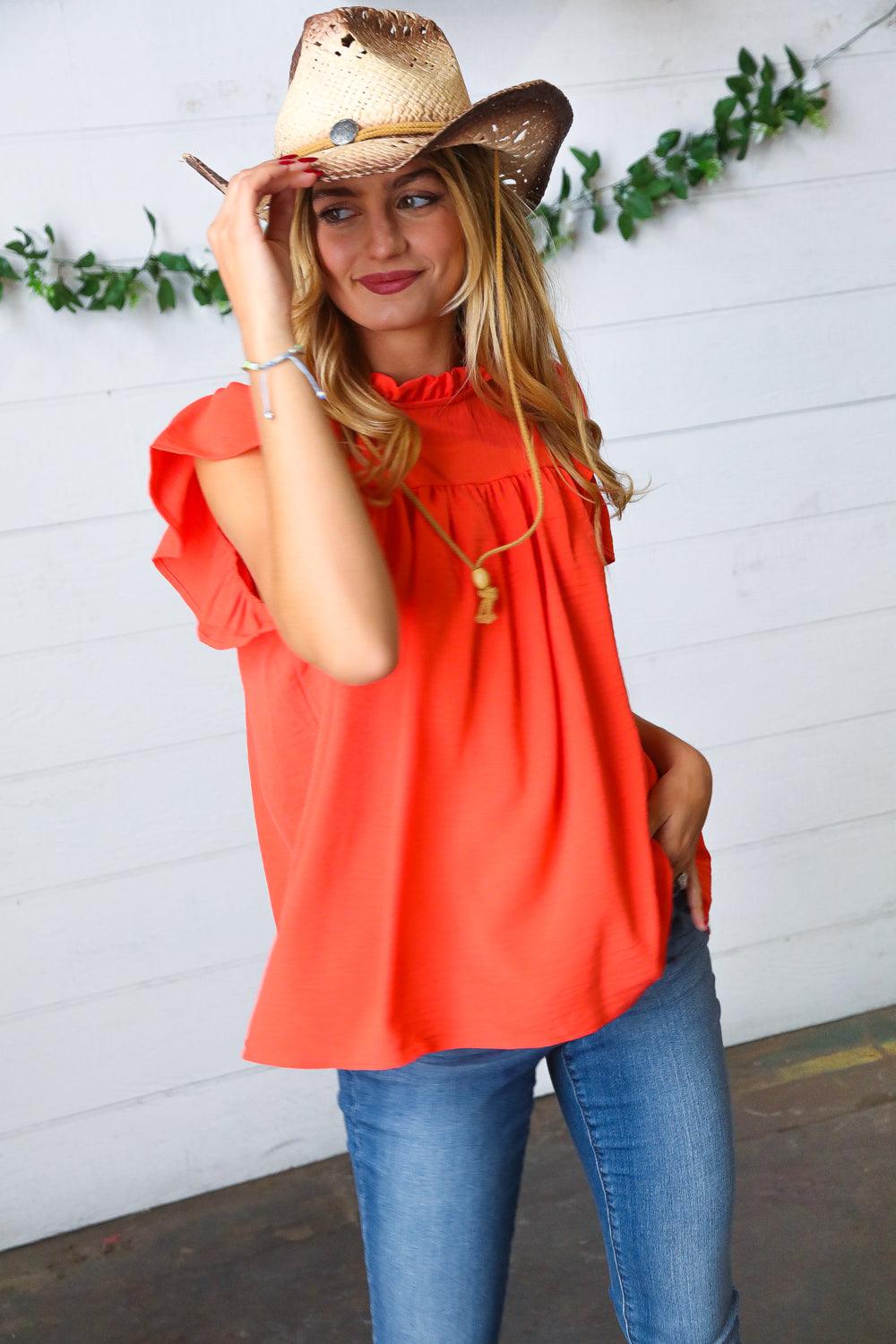 Morning Sun Mock Neck Flutter Sleeve Top - Atomic Wildflower