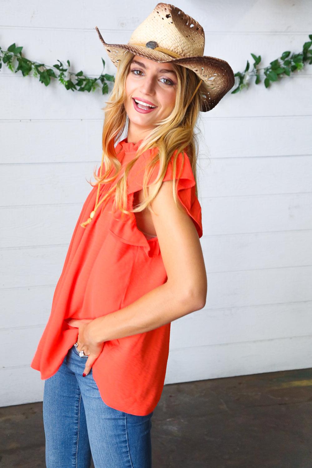 Morning Sun Mock Neck Flutter Sleeve Top - Atomic Wildflower
