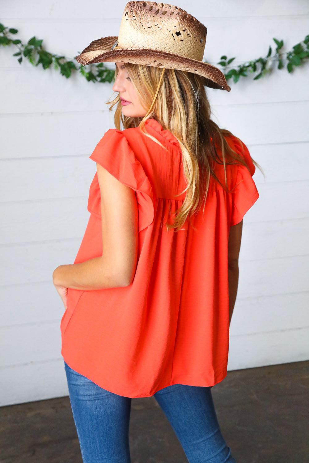 Morning Sun Mock Neck Flutter Sleeve Top - Atomic Wildflower