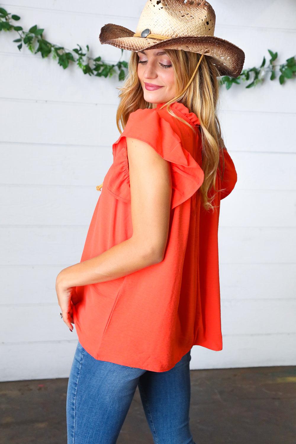 Morning Sun Mock Neck Flutter Sleeve Top - Atomic Wildflower