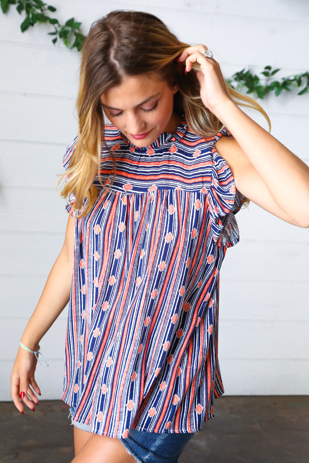 Rule Breaker Boho Stripe Flutter Sleeve Top • Navy