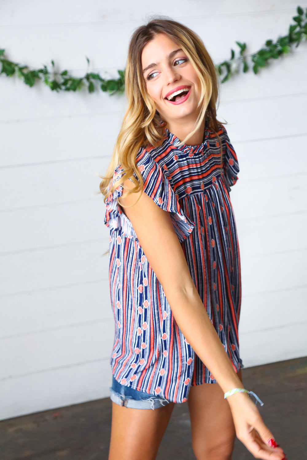 Rule Breaker Boho Stripe Flutter Sleeve Top • Navy