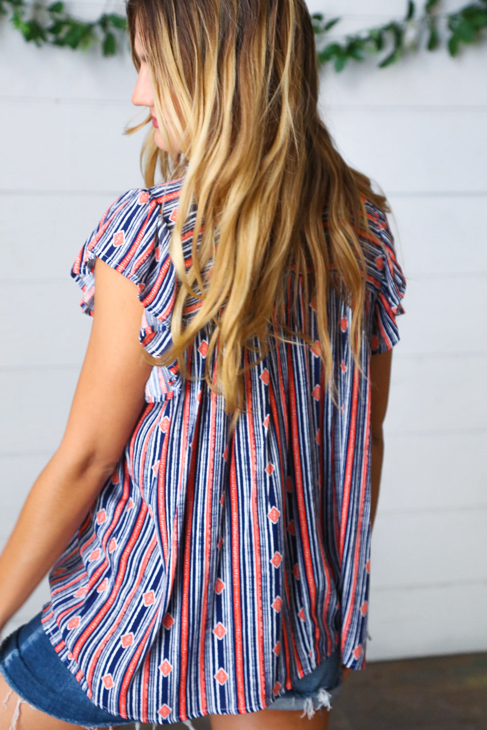 Rule Breaker Boho Stripe Flutter Sleeve Top • Navy