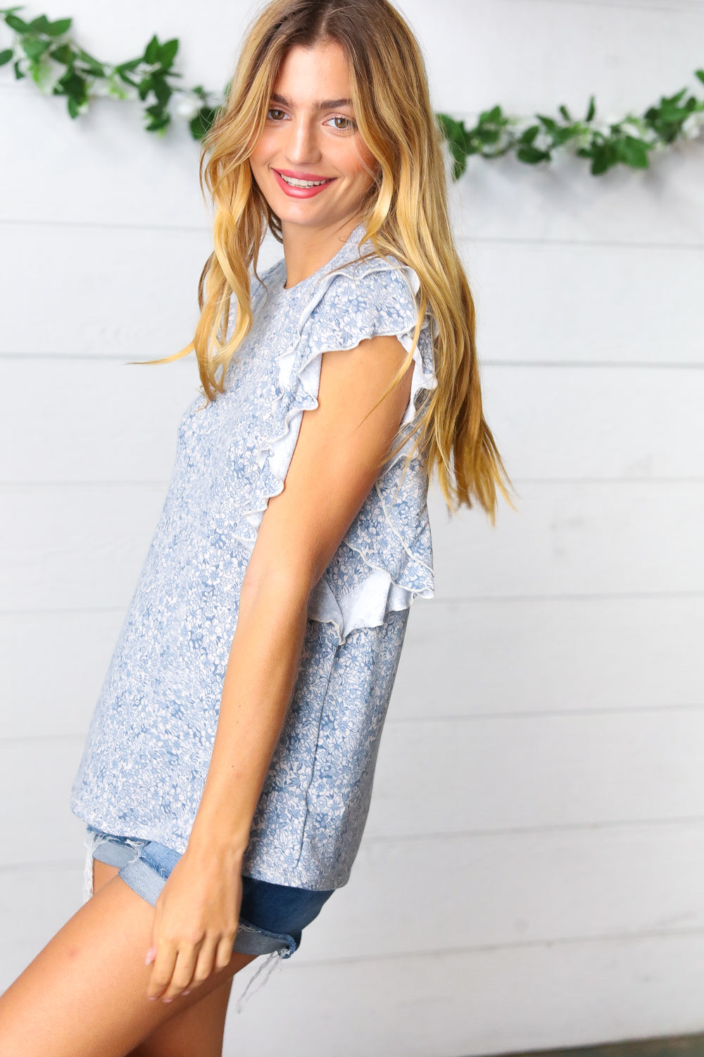Go To Town Blue Floral Flutter Sleeve Top