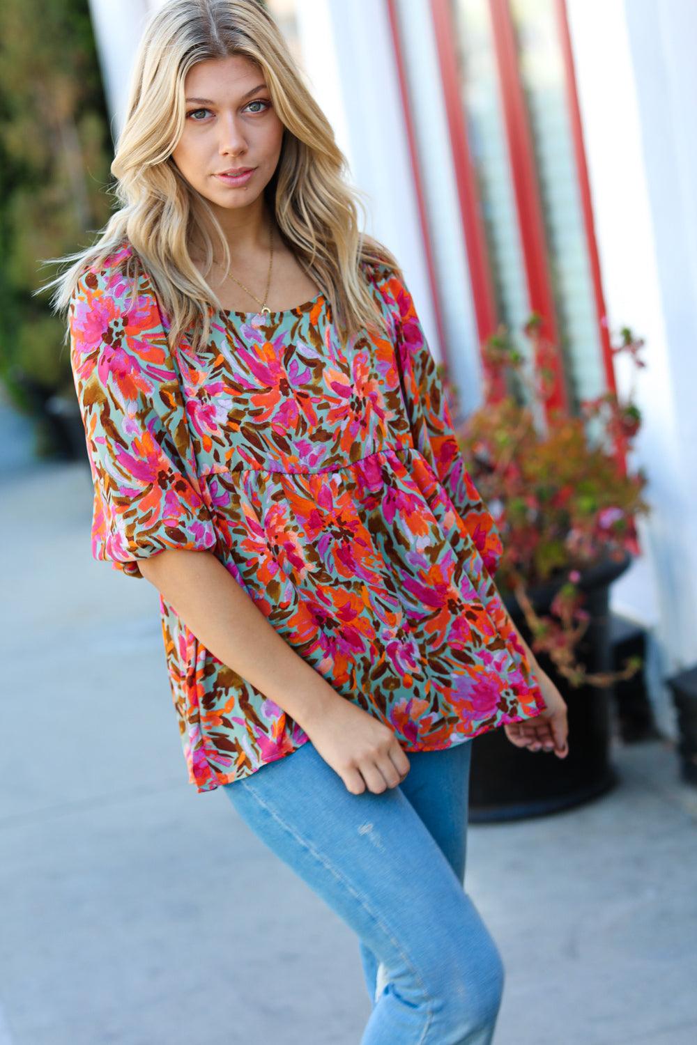 Try Me Three Quarter Sleeve Peplum Top - Atomic Wildflower
