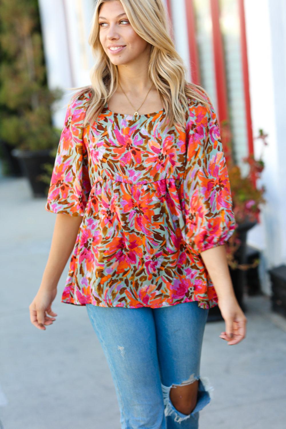 Try Me Three Quarter Sleeve Peplum Top - Atomic Wildflower