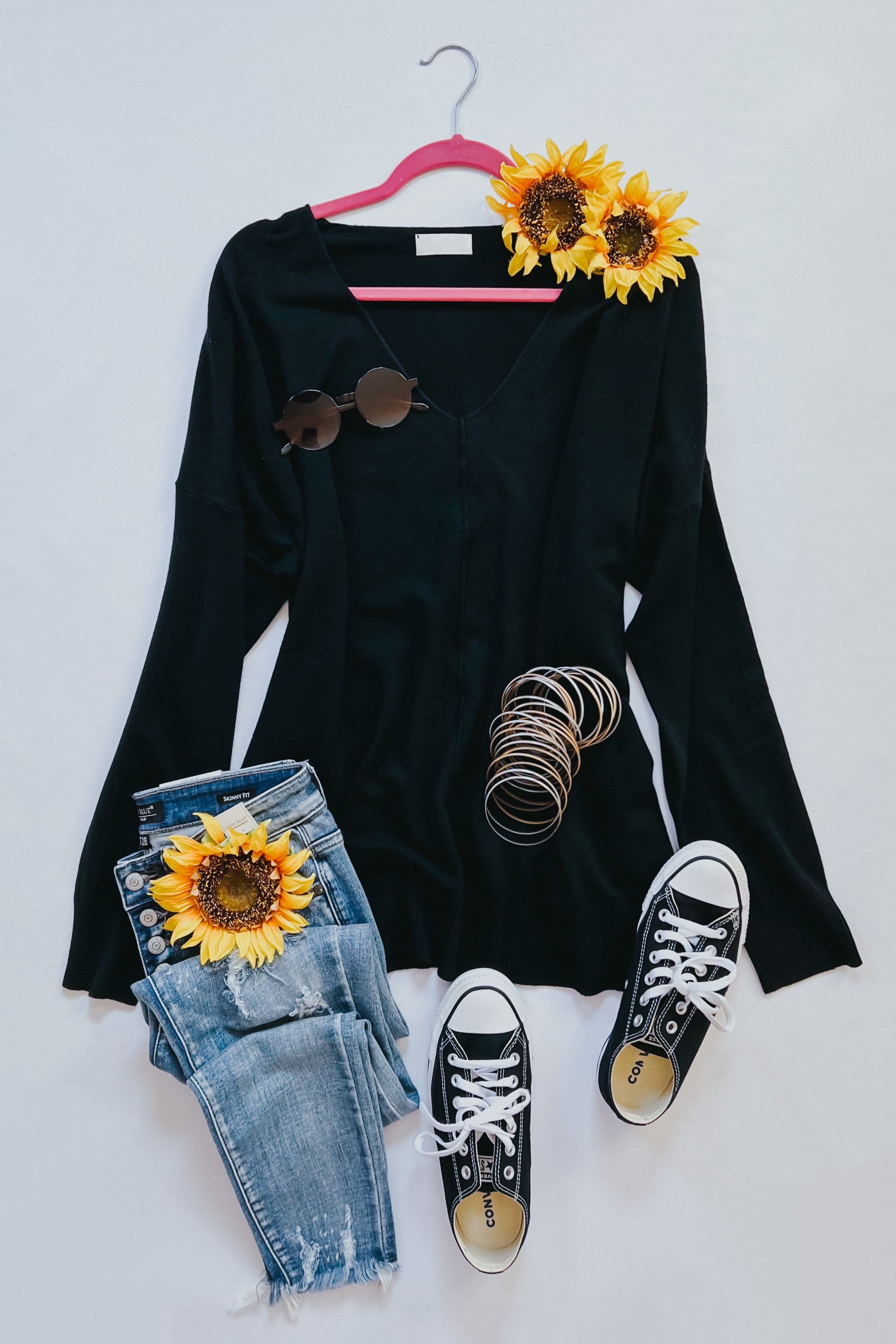 Hello Beautiful V Neck Sweater • Black