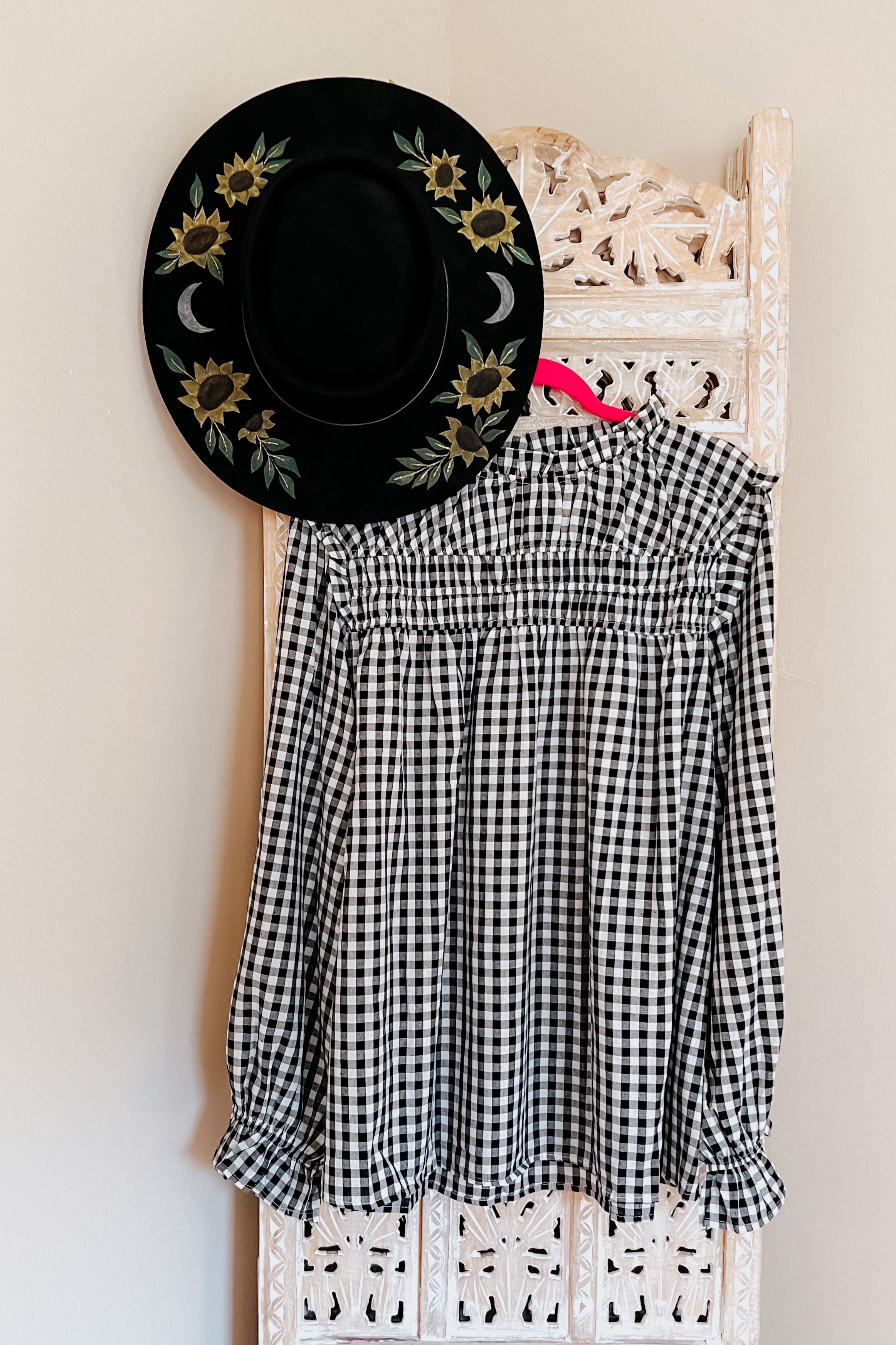 Adorable in Gingham Shirred Mock Neck Top • Black