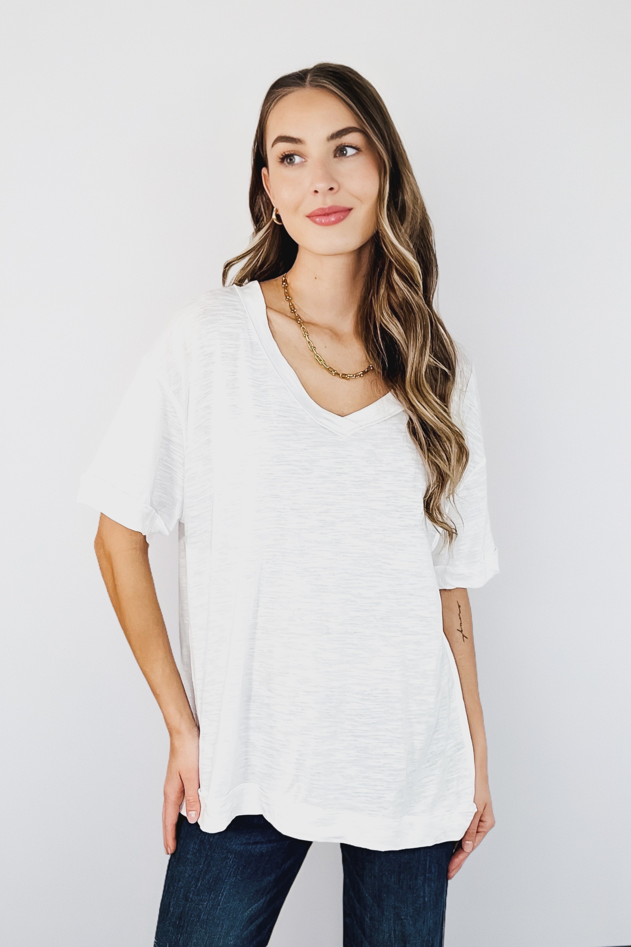 Basic Instinct Drop Shoulder V-Neck Tee • Ivory