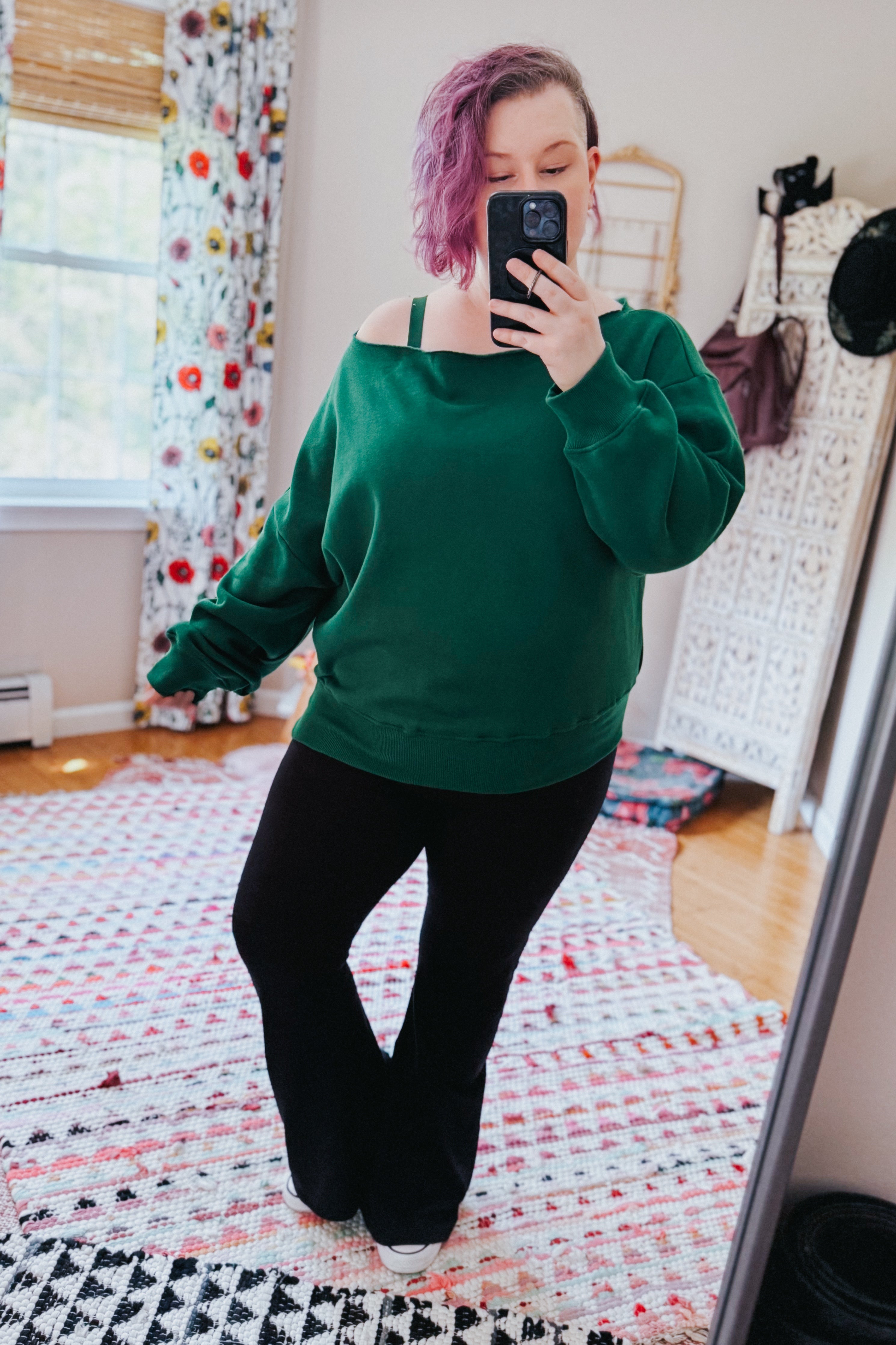 Side Hustle Off Shoulder Long Sleeve Top • Hunter Green