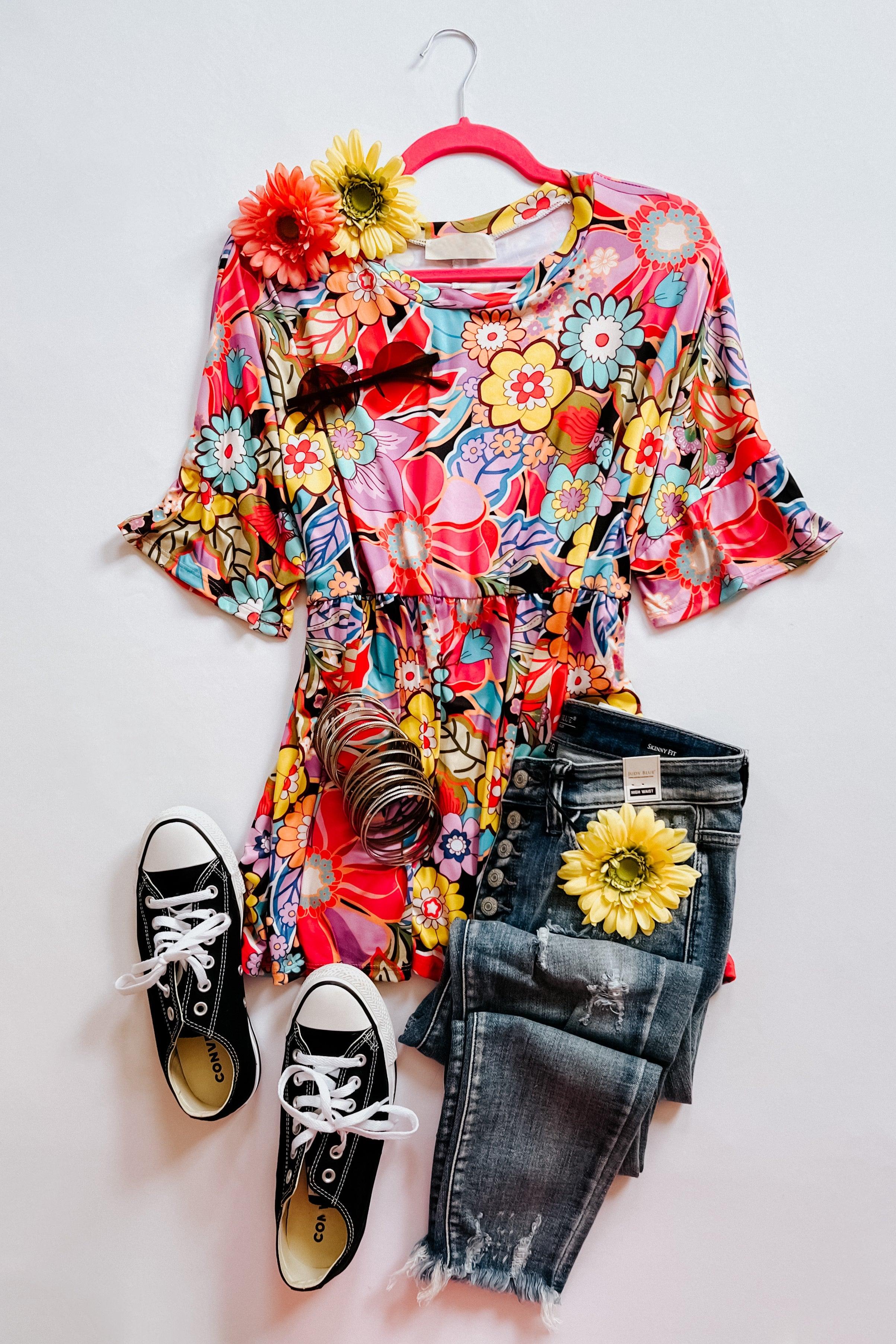 Retro Blossom Floral Babydoll Top - Atomic Wildflower