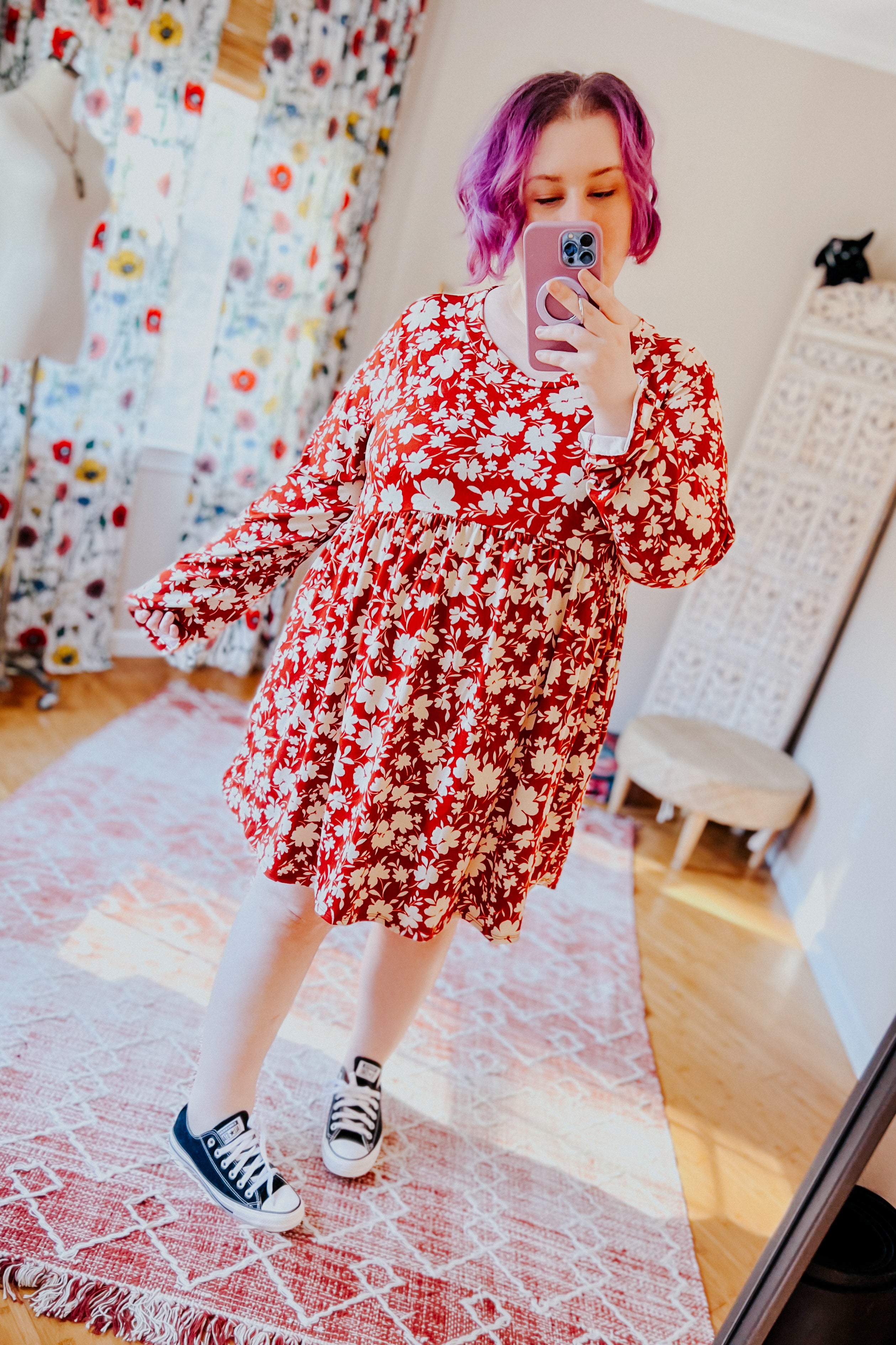 Just Be You Floral Long Sleeve Babydoll Dress • Rust